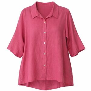 Toofan Linen Button Down Shirt Hi-Low Hem Button-Back 3/4 Sleeve Pink Womens 1X